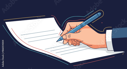 Hand holding a pen and writing on a document, symbolizing signing a contract or completing official paperwork.