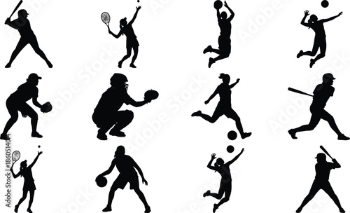 Female, athlete, silhouette, set, woman, sports, player, basketball, baseball, softball, tennis, volleyball, soccer, action, motion, collection, exercise, fitness, 