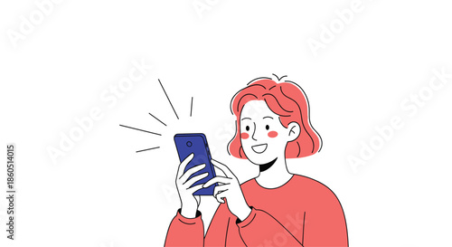 Happy woman smiling and looking at her smartphone, representing joy in digital communication or online content.