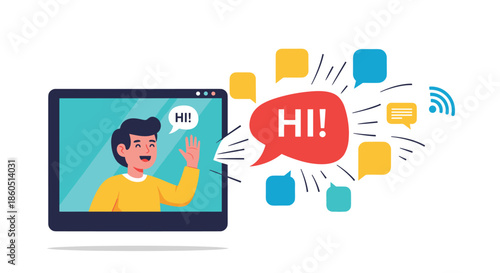 Man on a tablet screen waving "Hi" with speech bubbles, representing virtual communication and online greetings.