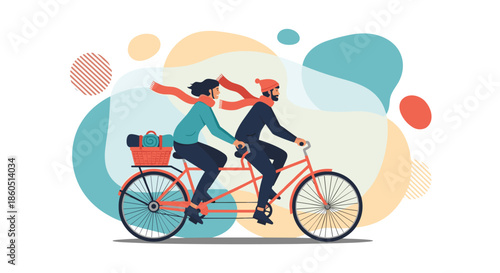 Happy couple riding a tandem bicycle together, symbolizing teamwork, adventure, and a shared journey.