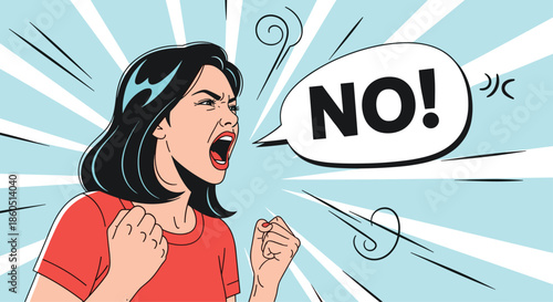 Angry woman shouting "NO!" with a speech bubble, symbolizing refusal, disagreement, and strong objection.