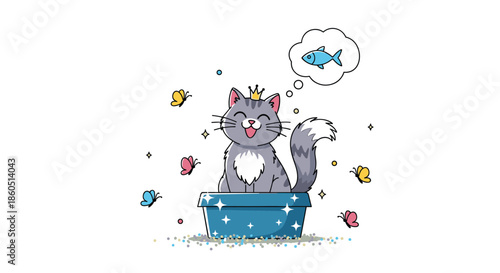 Happy cat wearing a crown and thinking about fish, surrounded by butterflies, symbolizing cuteness and dreams.