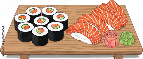 Sushi board illustration, maki rolls, salmon nigiri, pickled ginger, wasabi garnish, Japanese cuisine, food art, black line vector
