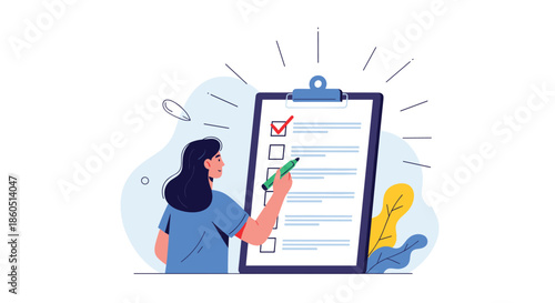 Woman marking a completed task on a large checklist, symbolizing productivity, project management, and achievement.