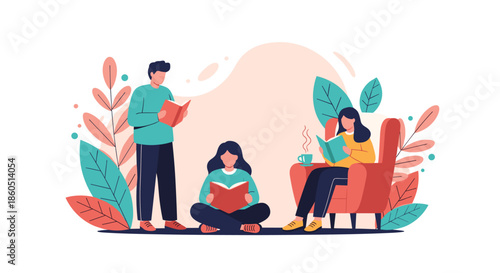 Diverse group of people reading books in a cozy setting surrounded by plants, symbolizing a love for literature.