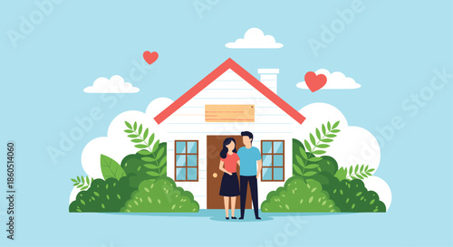 Happy couple standing in front of their new house with lush greenery, symbolizing homeownership and family.
