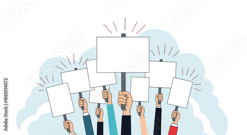 Raised hands holding blank protest signs, symbolizing demonstration, activism, and freedom of speech.