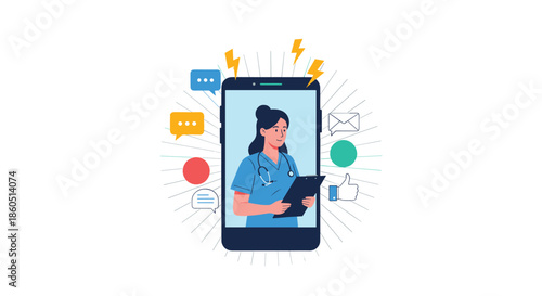 Female doctor on a smartphone screen with social media icons, symbolizing online medical consultation and telemedicine.