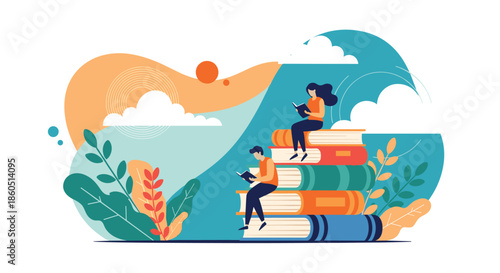 Man and woman reading books on a stack of books, surrounded by nature, symbolizing love for knowledge.