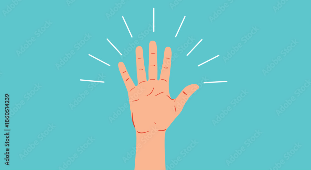 Fototapeta premium Raised hand with five fingers open, symbolizing greeting, stop, high-five, or an open invitation.