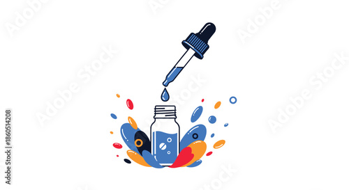 Dropper with a falling drop into a bottle, surrounded by colorful splashes, symbolizing medicine or scientific research.