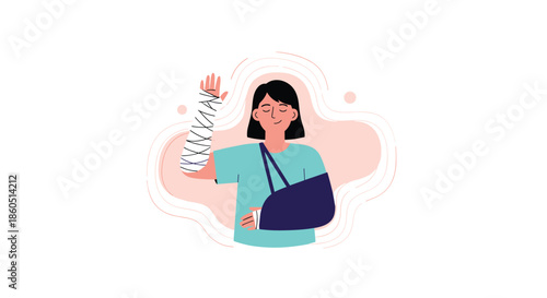 Happy woman with a bandaged arm and a sling, symbolizing recovery from an injury or accident.
