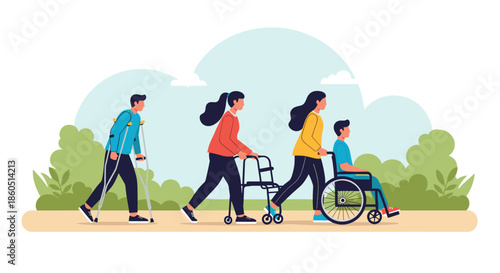 Diverse group of people with disabilities walking, symbolizing inclusion, accessibility, and rehabilitation.