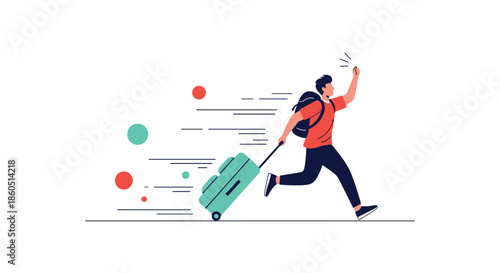 Man running with a suitcase, symbolizing travel, hurry, missing a flight, or an urgent departure.