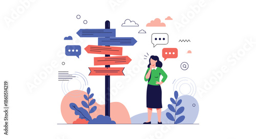 Woman contemplating multiple directional signs with speech bubbles, symbolizing decision making and career choices.