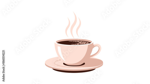 A steaming cup of coffee on a matching saucer, isolated on white background.