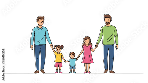 Two fathers holding hands with three children in a happy family scene