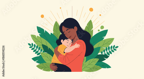 Happy mother embracing her child with lush green leaves in the background, symbolizing maternal love and nature.