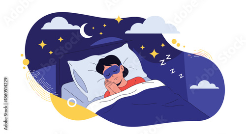 Woman sleeping peacefully in bed with a sleep mask and stars in the night sky, symbolizing restful sleep.