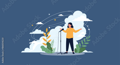 Woman standing by a microphone and speaking or singing, surrounded by clouds and stars, symbolizing performance.
