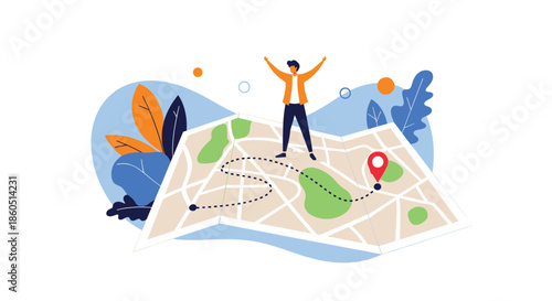 Happy man standing on a large map with a marked route, symbolizing travel, journey, and exploration.
