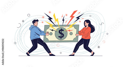 Man and woman pulling on a large dollar bill, symbolizing financial dispute, divorce, or money conflict.