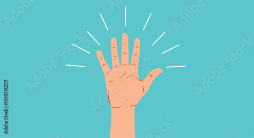 Raised hand with five fingers open, symbolizing greeting, stop, high-five, or an open invitation.