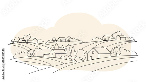 Rural landscape with houses and trees in a simple line art style