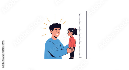 Happy father measuring his daughter's height against a wall chart, symbolizing family and child development.