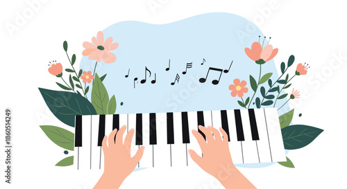 Hands playing a piano keyboard with musical notes and flowers, symbolizing music, art, and creativity.
