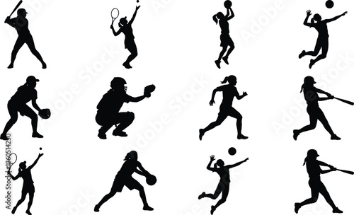 Female, athlete, silhouette, set, woman, sports, player, basketball, baseball, softball, tennis, volleyball, soccer, action, motion, collection, exercise, fitness, 