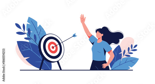 Enthusiastic young woman stands triumphantly next to a bullseye target with an arrow hitting the center, celebrating her successful achievement.
