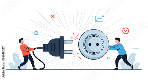 Two men connecting an electric plug into a socket, symbolizing partnership, connection, and energy solutions.
