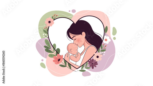 Mother holding baby in a heart-shaped floral frame with soft pastel colors