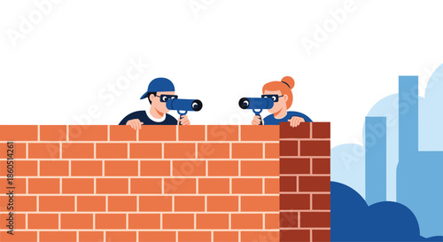 Two people peeking over a brick wall with binoculars, symbolizing observation, spying, and privacy concerns.
