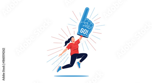 Energetic woman jumps joyfully while holding a giant foam finger with "GO!" written on it expressing strong support and enthusiasm.