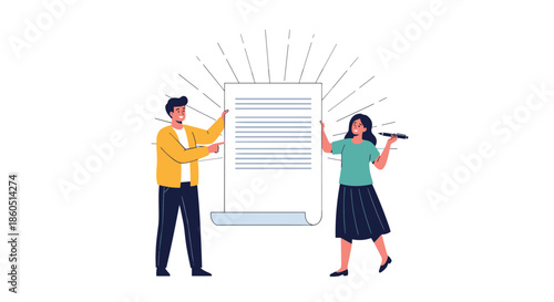 Two business people enthusiastically present a long scroll document with text, pointing to its content in a professional and collaborative setting.