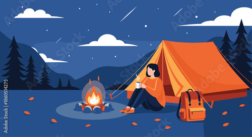 Calm woman enjoys hot drink beside a crackling campfire near an orange tent and mountains under a beautiful starry night sky.