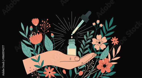Hand gently holds a small essential oil bottle and dropper amidst beautiful blooming flowers and lush green leaves symbolizing natural wellness and beauty.