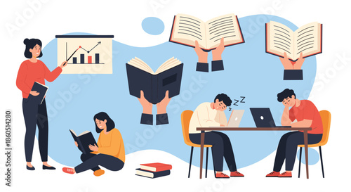 Diverse group of students engaged in various study activities including presentations reading and computer work depicting different learning styles.