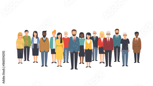 Diverse group of people standing together in business casual attire.