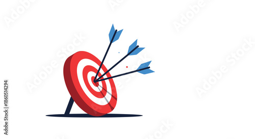 Multiple blue arrows precisely hit the center of a red and white bullseye target, demonstrating accuracy and successful goal achievement.