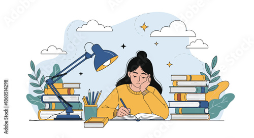 Exhausted woman diligently studies late at night at her desk surrounded by stacks of books and an illuminated lamp, showcasing academic effort.