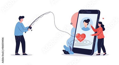 Man uses a fishing rod to catch hearts from a smartphone screen displaying a woman's profile, symbolizing online dating and digital connection.