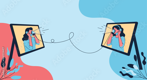 Two women communicate long-distance via retro telephones from separate computer screens, connected by a cord, symbolizing vintage communication.