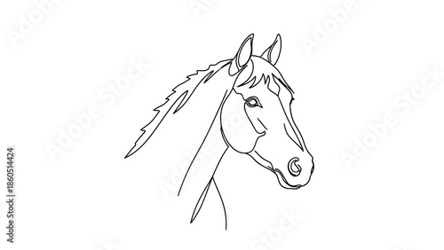 Simple black and white line drawing of a horse's head with flowing mane