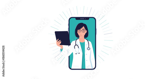 Female doctor with stethoscope and tablet emerges from a smartphone screen, surrounded by rays, symbolizing telemedicine and modern digital health services.