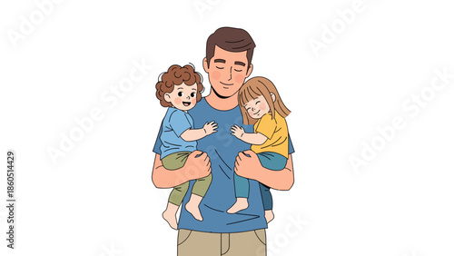 Father holding two happy children in his arms with a smiling face