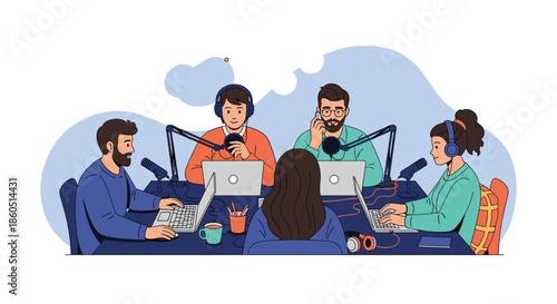 Diverse group of four people collaboratively records a podcast with microphones and laptops, symbolizing modern audio production and teamwork.